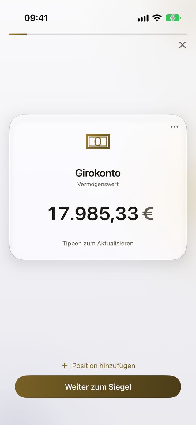 Check-in: eine Position mit ihrem Betrag.