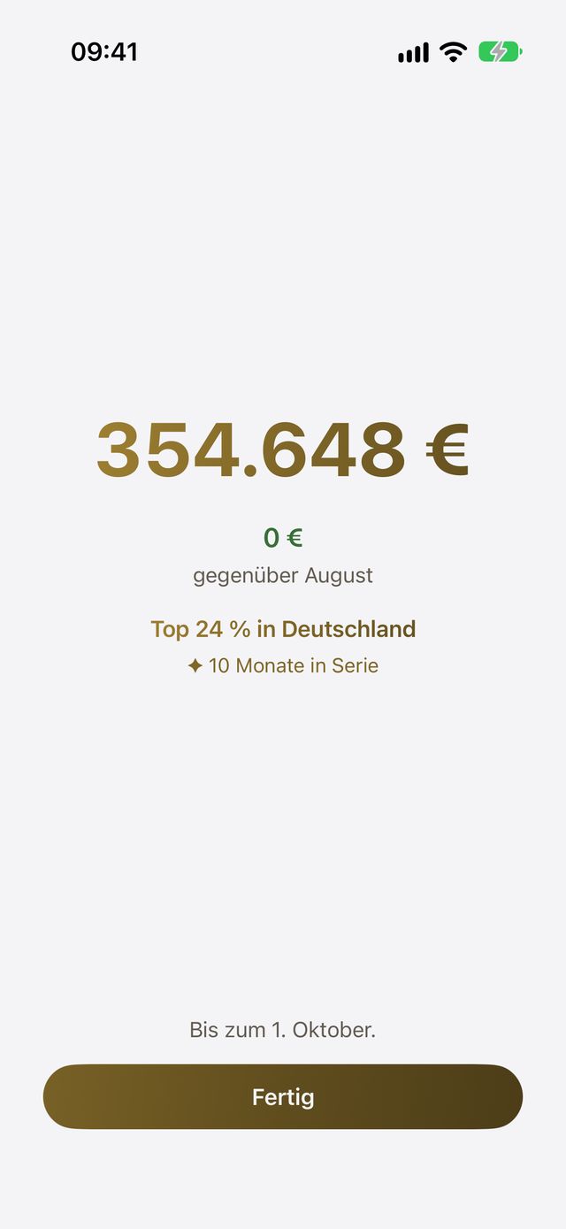 Reveal: das Nettovermögen in Gold, darunter Standpunkt und Serie.