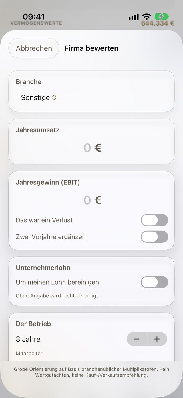 Firmenbewertung: Eingaben für Branche, Umsatz und EBIT.